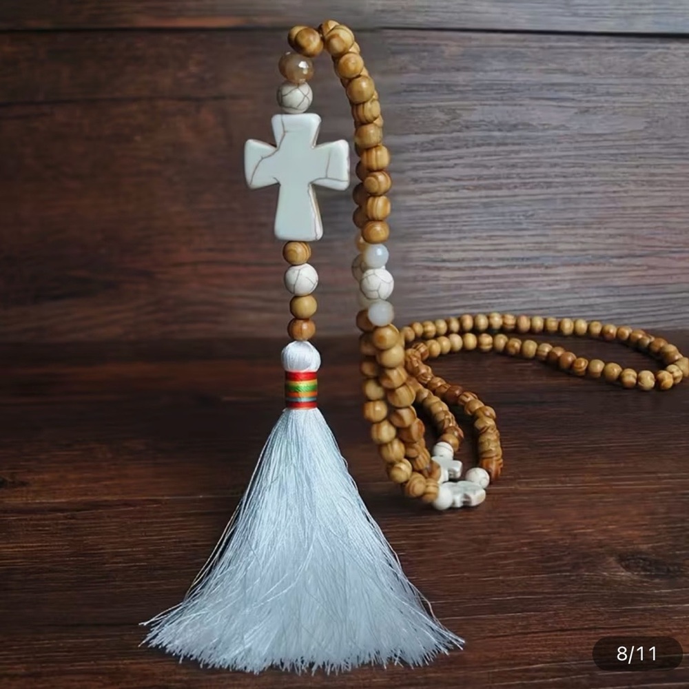 White Tassel Cross Beaded Necklace